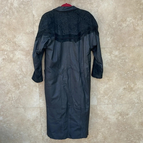 Greg Bell Leather Trench Coat Long Sleeve Collared Button Midi Black Size S - Picture 4 of 16